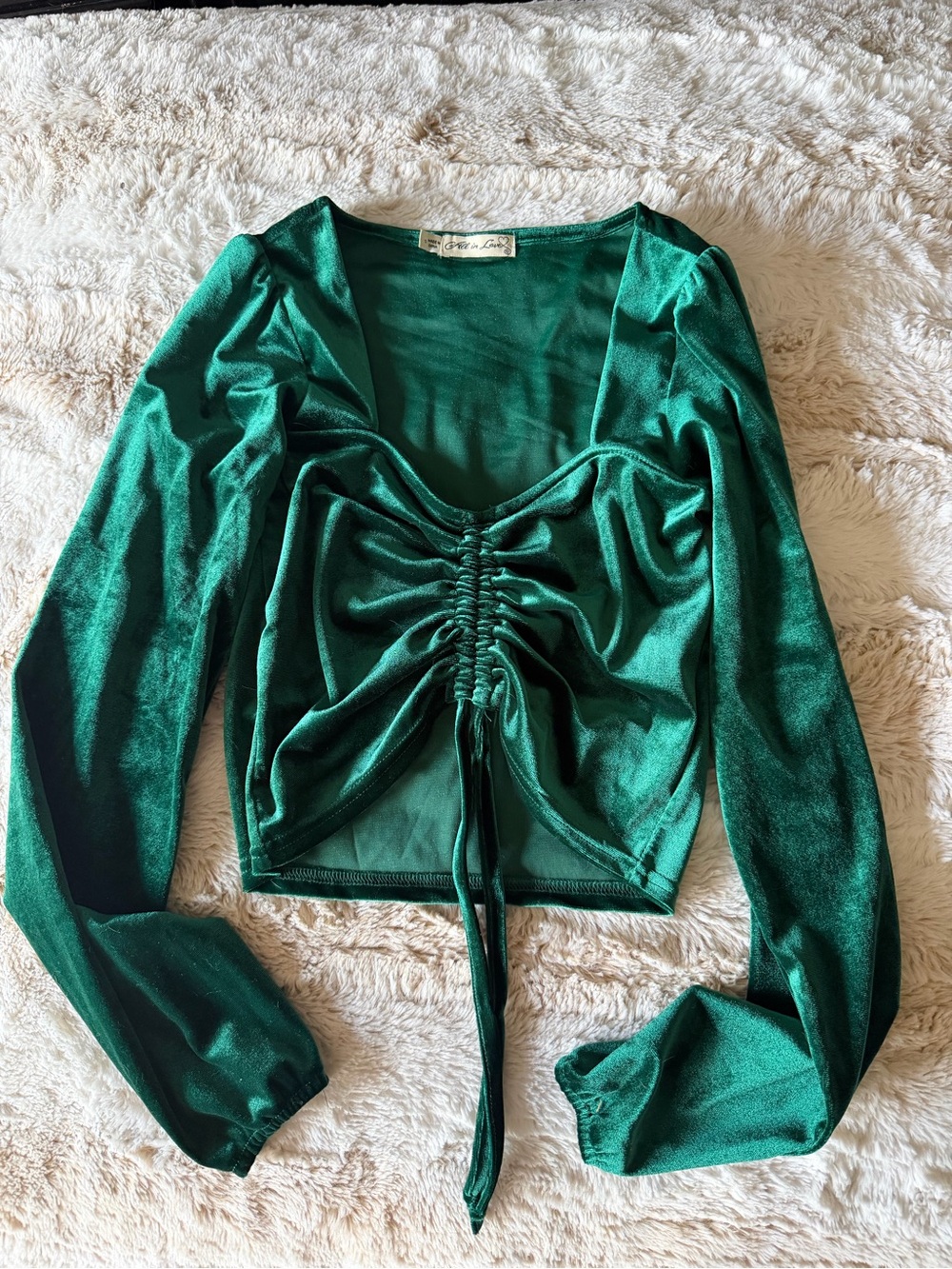 NWOT Ruched Emerald Green Long Sleeve Top with Drawstring